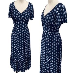 Ann Taylor Midi Dress Fit & Flare Blue Polka Dot Print Empire Waist Navy Blue S